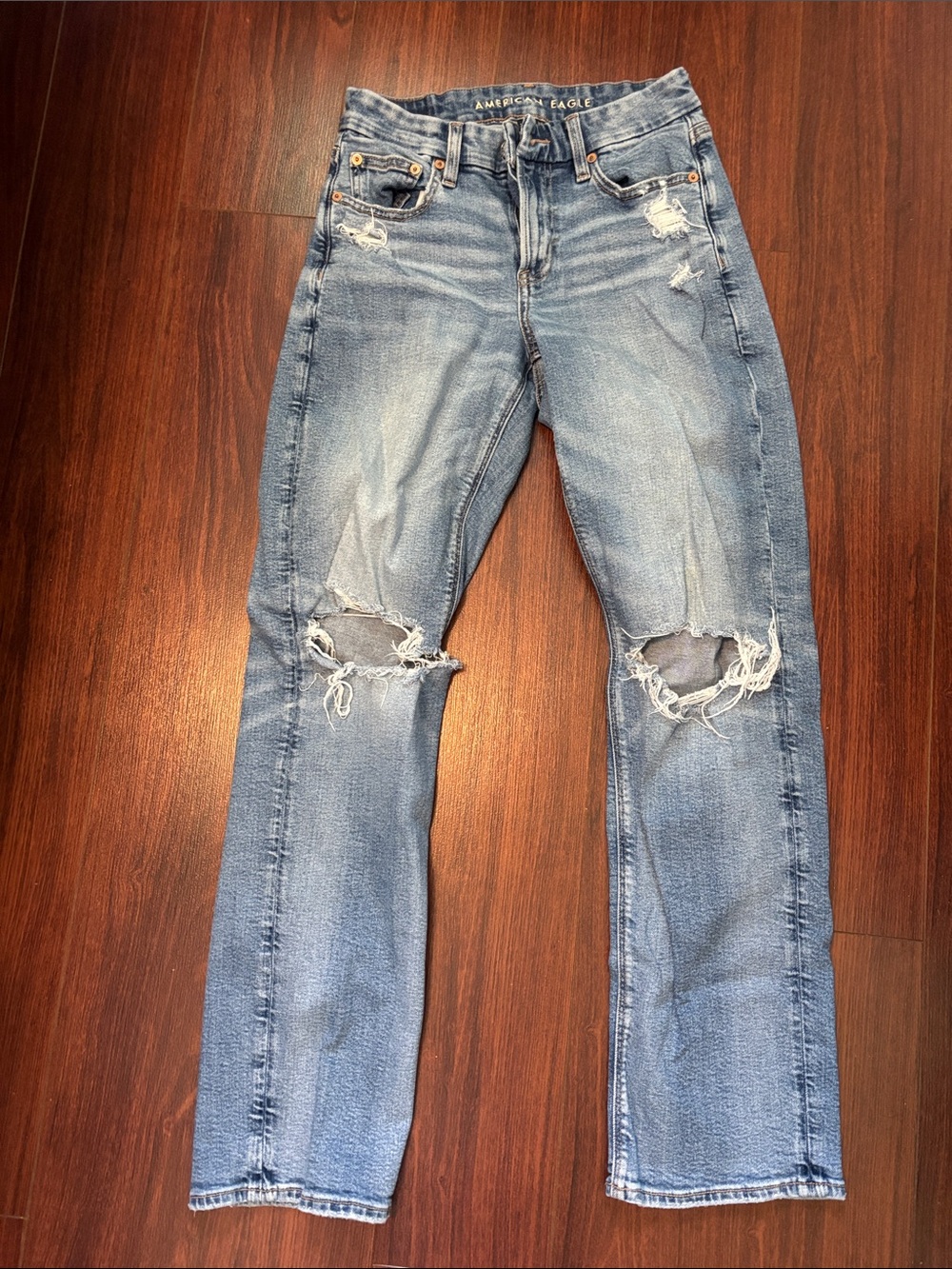 American Eagle Outfitters Distressed Straight Leg Jeans - Light Blue Wash